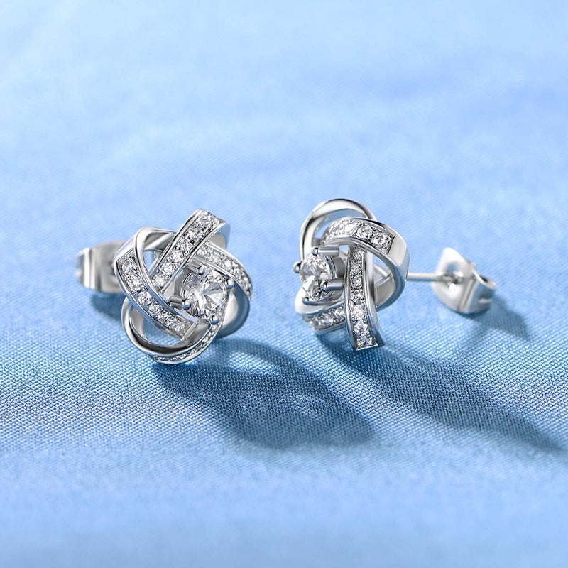 MDFUN Love Knot Earrings 18K White Gold Plated Flower Stud Earrings for Women Cubic Zirconia Earrings - Image 4